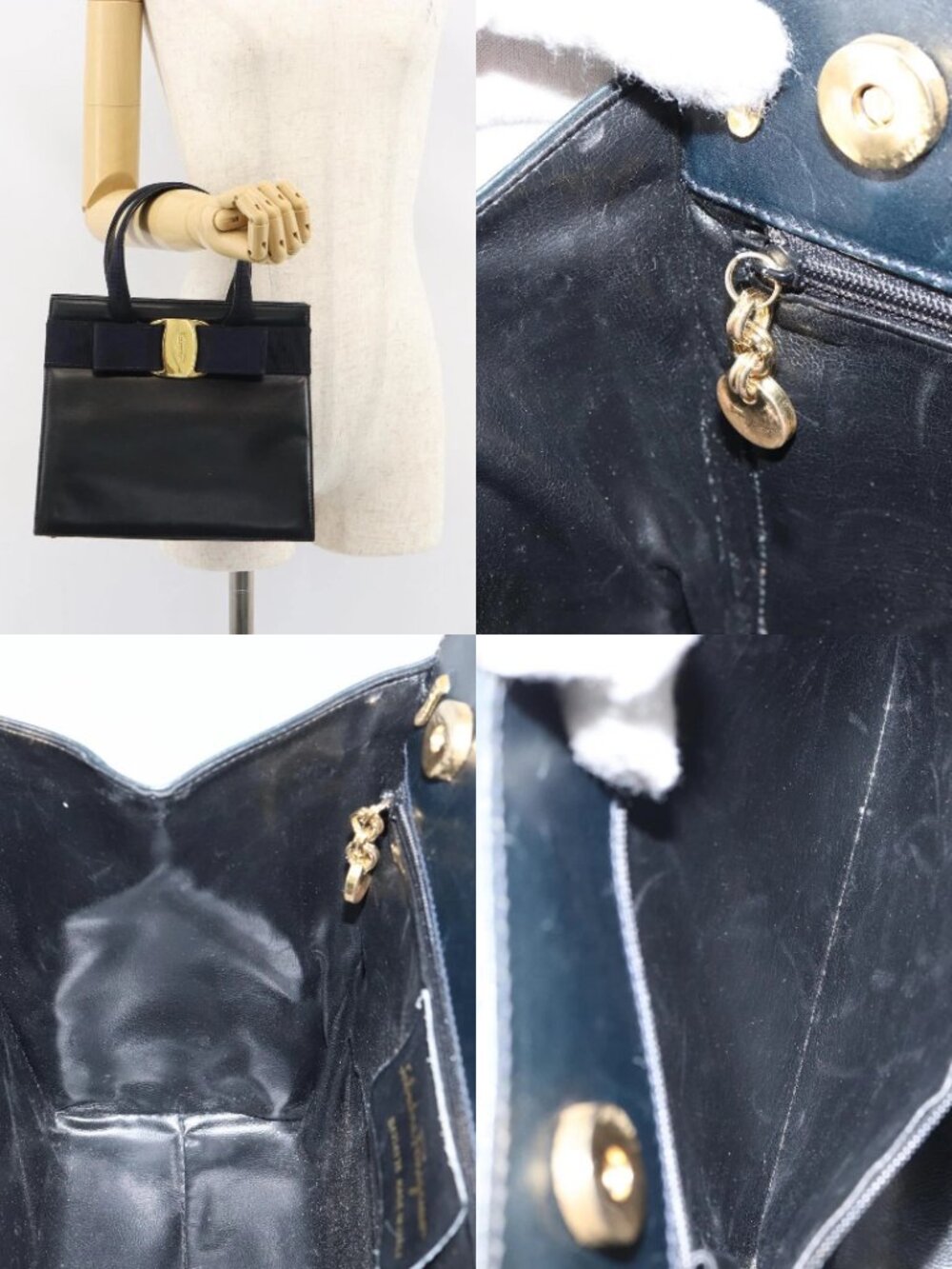 Salvatore Ferragamo Vala Hand Bag Leather Navy Gold Auth BA8854 - Picture 15 of 15